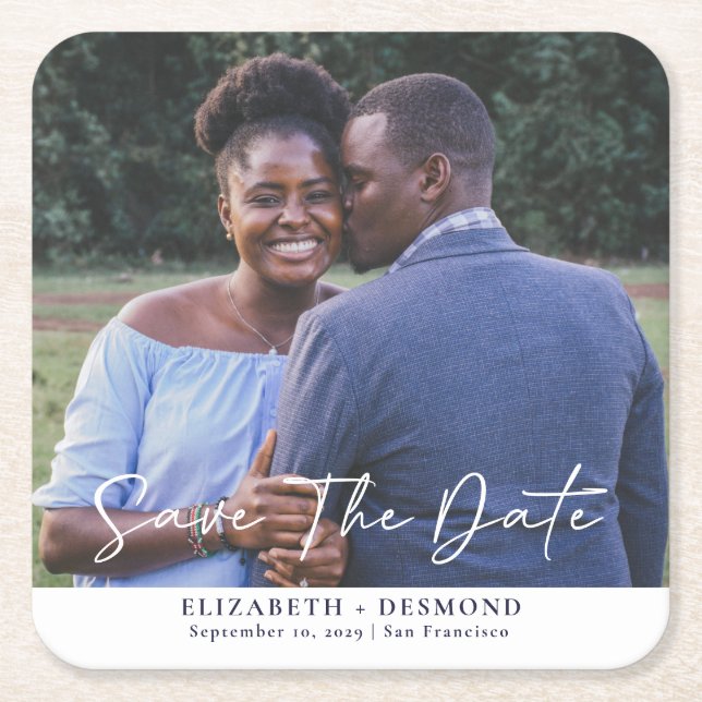 Simple Photo Wedding Save The Date Square Paper Coaster (Front)