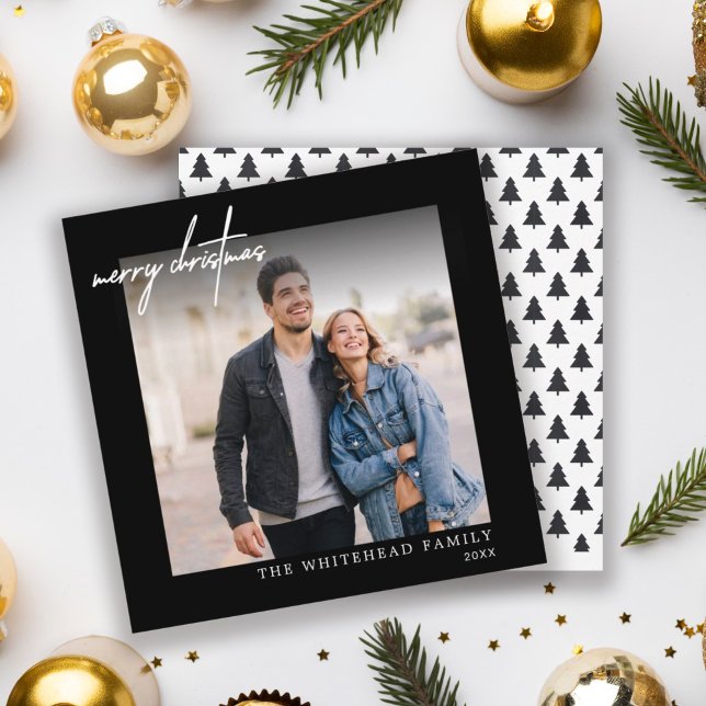 Simple Photo White Merry Christmas Black Holiday Card (Creator Uploaded)