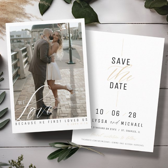 Simple Photo White Modern Christian Wedding Save The Date (Love scripture elegant photo simple gold, black and white modern Christian wedding save the date)