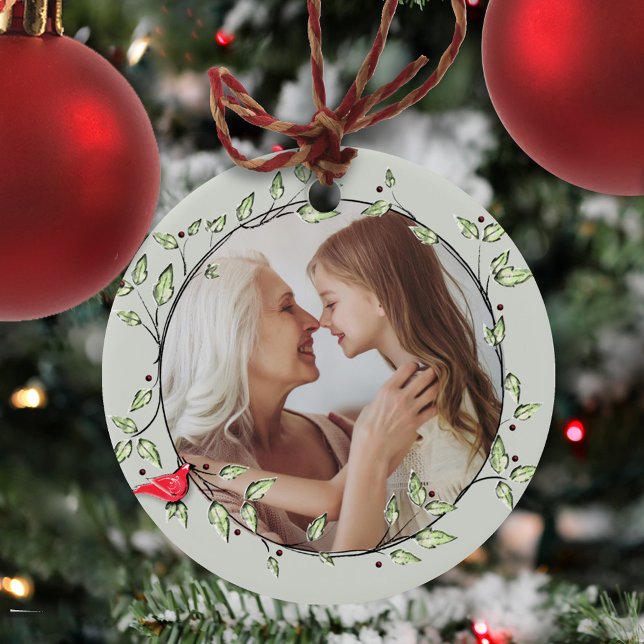 Simple Photo Winter Red Cardinal Greenery Wreath  Ceramic Ornament (Simple botanical photo circle ornaments with a simple red cardinal bird wreath design. )