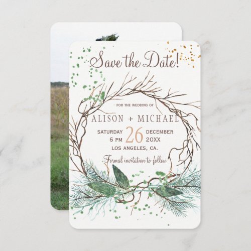 Simple photo winter wreath save date wedding save the date