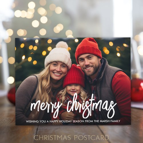 Simple Photo with white Merry Christmas Script Holiday Postcard