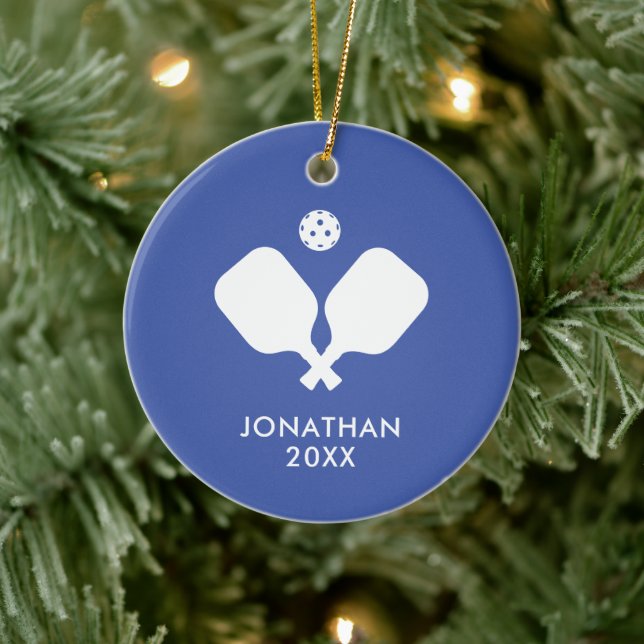 Simple Pickleball Paddles Blue White Personalized Ceramic Ornament (Tree)