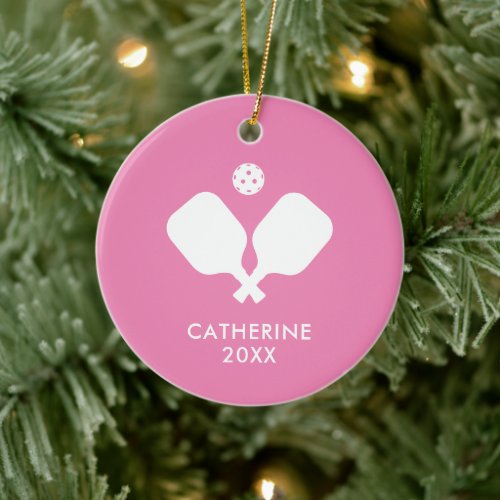 Simple Pickleball Paddles Pink White Personalized Ceramic Ornament