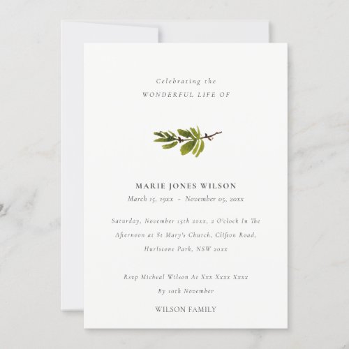 Simple Pine Branch Foliage Memorial Service Card