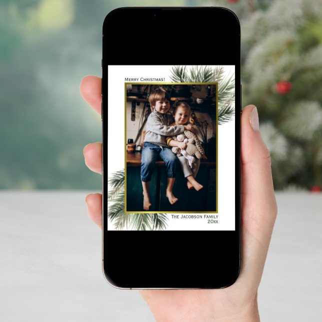 Simple Pine Branches & Gold Photo Frame Christmas Holiday Card (Front Digital)