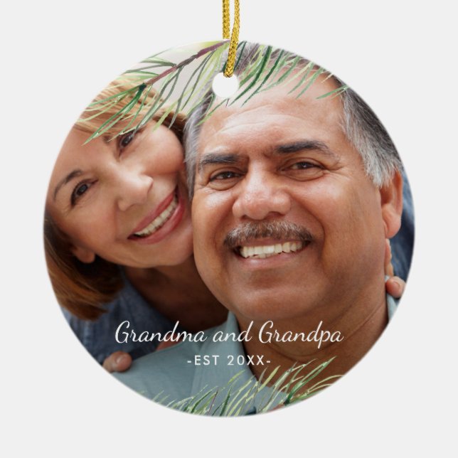 Simple Pine Branches Grandma and Grandpa Est Year Ceramic Ornament (Front)