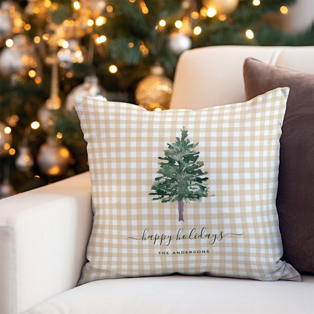 Simple Pine | Christmas Tree on Neutral Gingham Throw Pillow (Creator Uploaded)