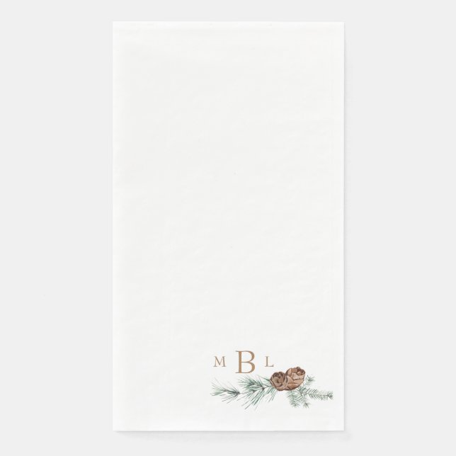 Simple Pine Cone Foliage Gold Monogram Holiday Paper Guest Towels (Front)