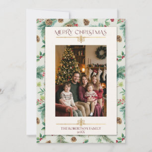 Simple Pine Tree Holly Watercolor Christmas Photo Holiday Card