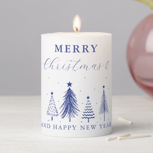 Simple Pine Tree Pattern | Blue Pillar Candle (In Situ)