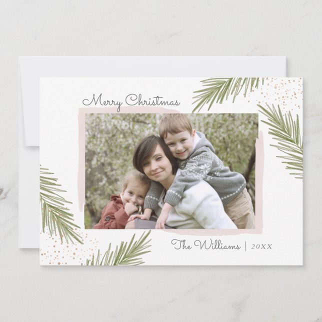 Simple Pines Blush, Christmas Photo Card (Front)