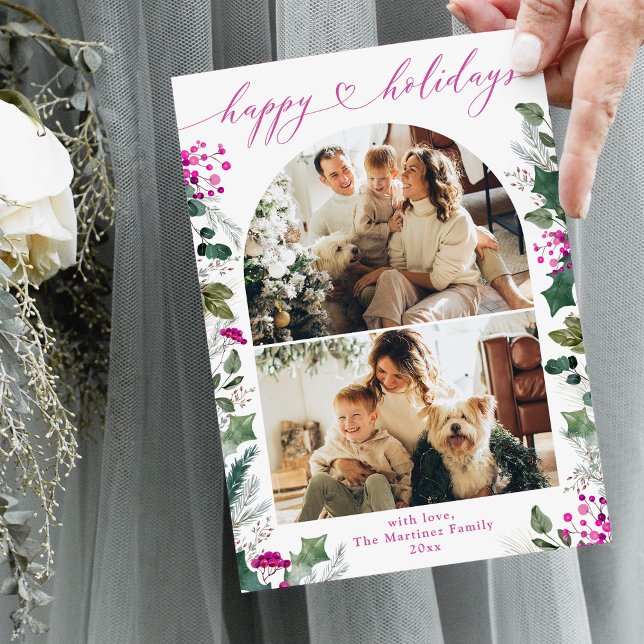 Simple Pink 2 Photo Happy Holidays Card (Creator Uploaded)