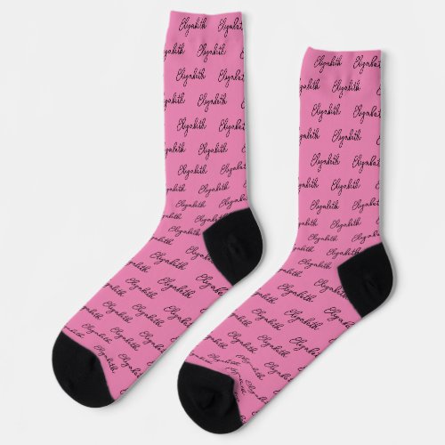 Simple Pink and Black Script Name Pattern Socks