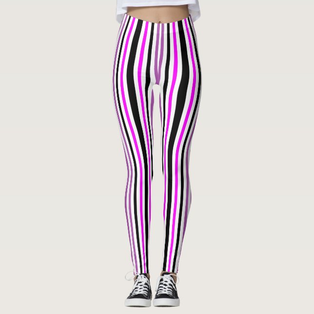 Simple Pink and Black Vertical Stripes on White Leggings (Front)