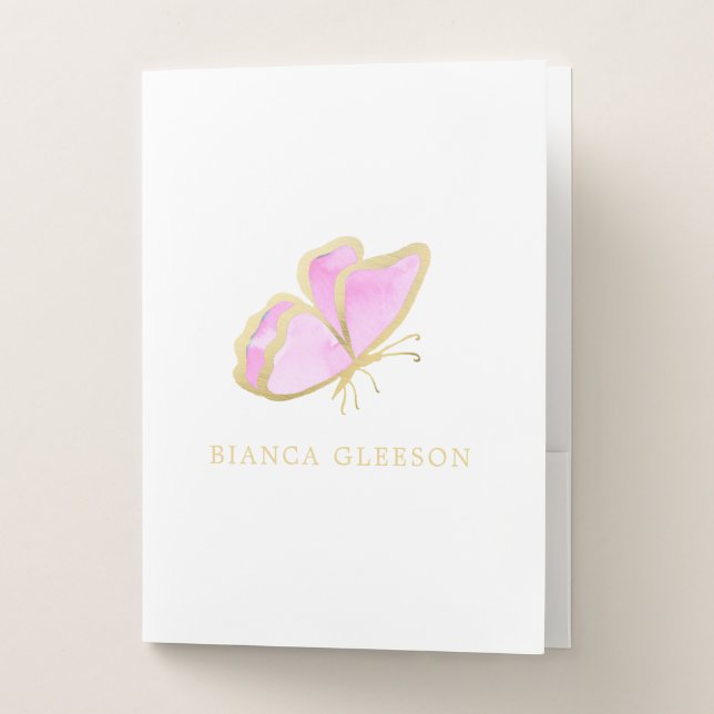 Simple Pink and Gold Butterfly Elegant Pocket Folder (Front)