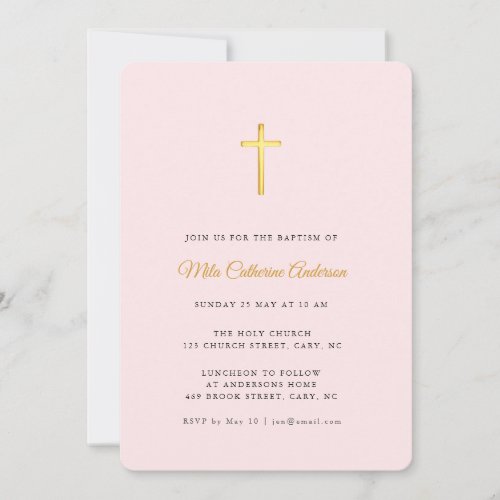 Simple Pink and gold Cross Baptism Invitation
