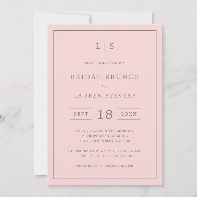 Simple Pink and Gray Monogram Bridal Brunch Invitation (Front)