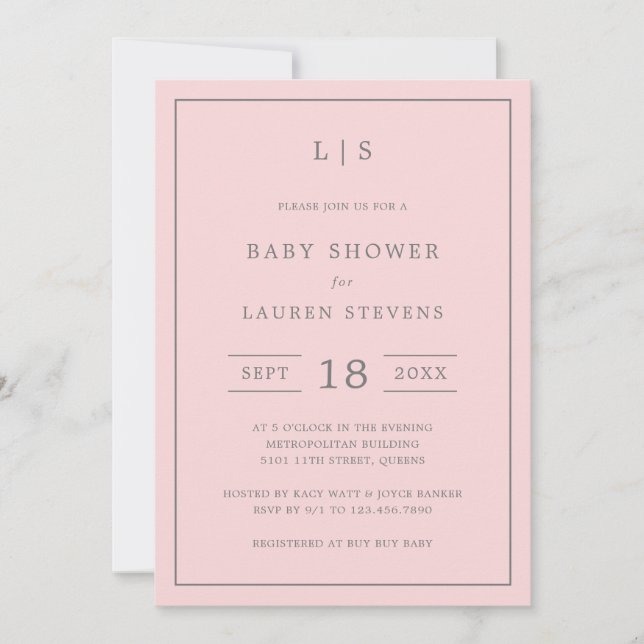 Simple Pink and Gray Monogram Girl Baby Shower Invitation (Front)