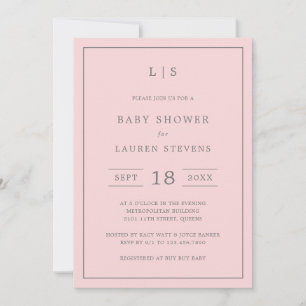Simple Pink and Gray Monogram Girl Baby Shower Invitation