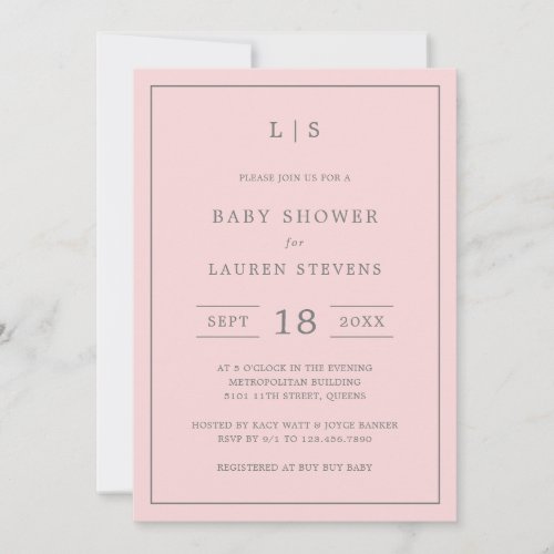 Simple Pink and Gray Monogram Girl Baby Shower Invitation