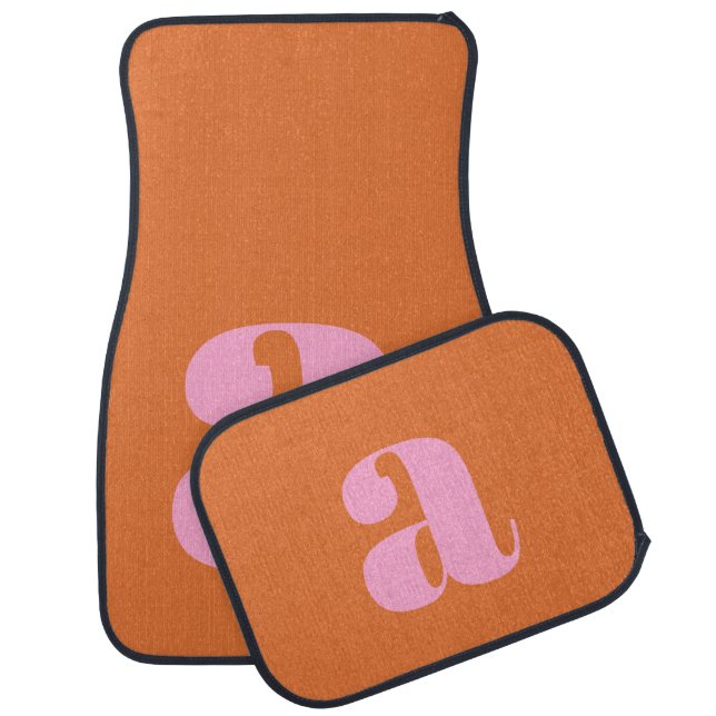 Simple Pink and Orange Bold Retro Monogram Initial Car Floor Mat (Set)