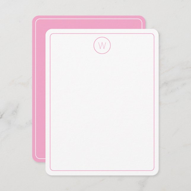 Simple Pink and White Monogram Note Card (Front/Back)