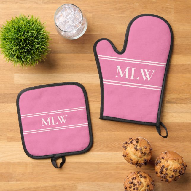 Simple Pink and White Monogram Oven Mitt & Pot Holder Set (Top Down)