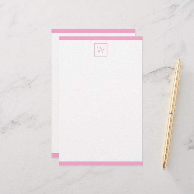 Simple Pink and White Monogram Stationery (Front/Back In Situ)