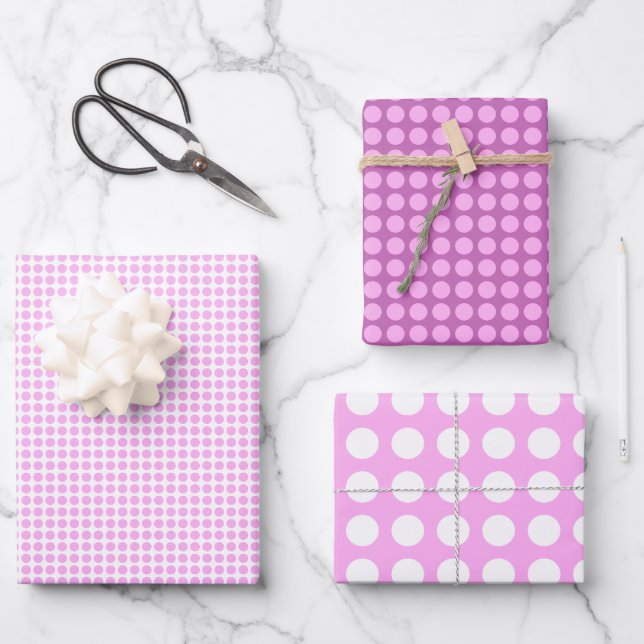 Simple Pink and White Polka Dots Pattern Wrapping Paper Sheets (Front)