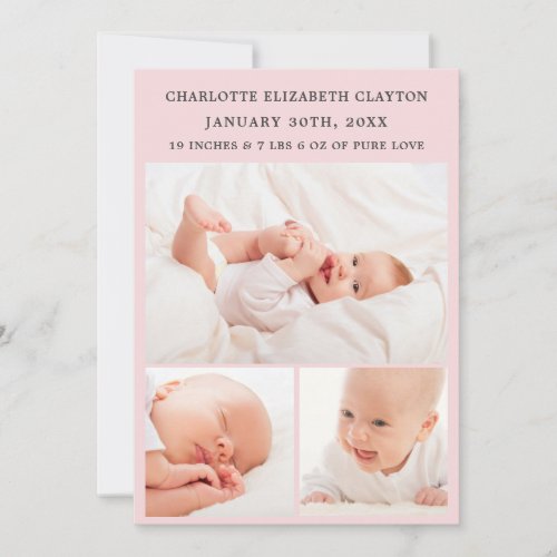 Simple Pink Baby Girl Photo Collage Announcement