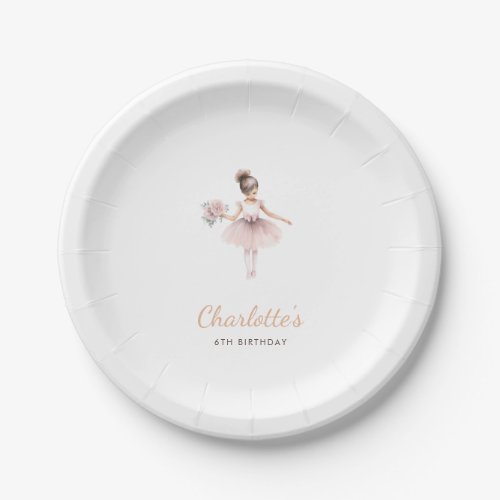 Simple Pink Ballet Themed Birthday Girl Watercolor Paper Plates