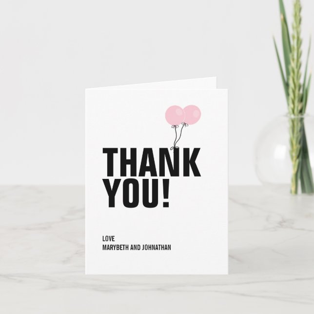 Simple Pink Balloon Baby Shower Thank You Card (Front)