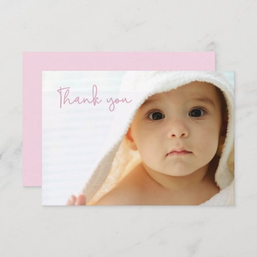 Simple pink Baptism Baby girl photo thank you card