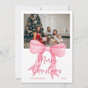 Simple Pink Big Bow Photo Christmas Holiday Card