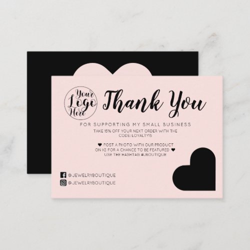 Simple Pink Black Heart Logo Customer Thank You Business Card