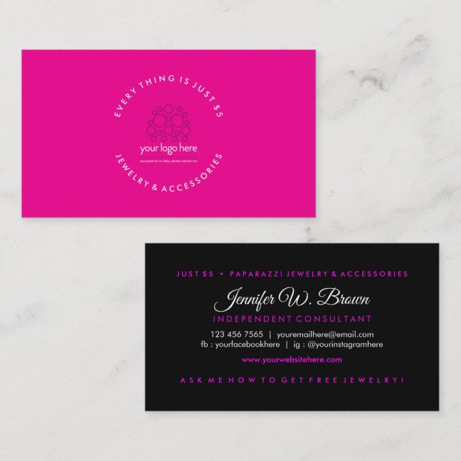 Simple Pink Black Jewelry Custom Logo Business Card