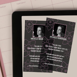 Simple Pink & Black Modern Text 1 Photo Florist Clear Business Cards