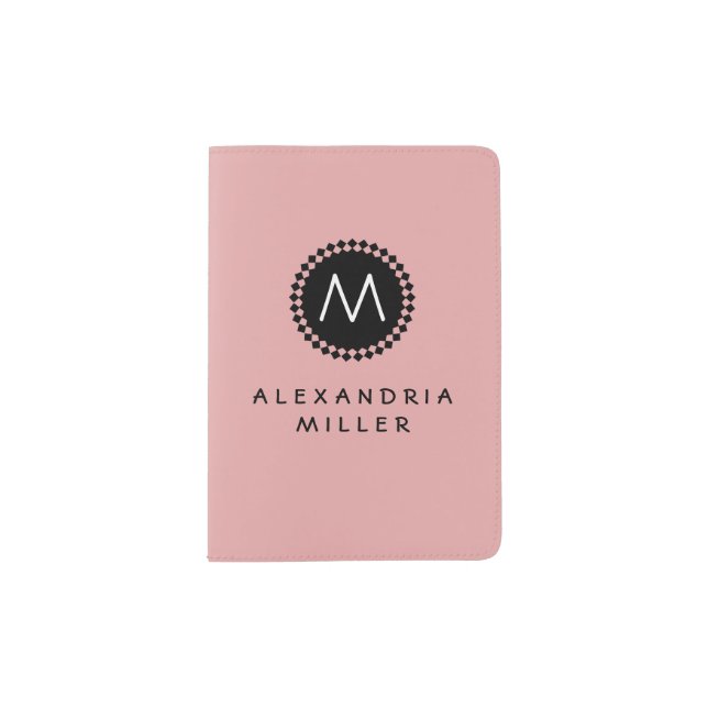 Simple Pink & Black Monogram Diamond Medallion Passport Holder (Front)