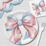 Simple Pink Blue Bow Gender Reveal Paper Plates<br><div class="desc">A charming paper party plate design featuring large watercolor pink and blue bows in the center. This simple, minimal, and elegant design is perfect for a gender reveal party, with the bows symbolizing the excitement of discovering whether it’s a boy or girl. The soft bows add a stylish and playful...</div>