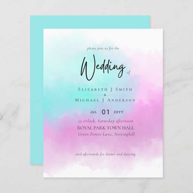 Simple Pink Blue Fade Blue Modern Budget Wedding (Front/Back)