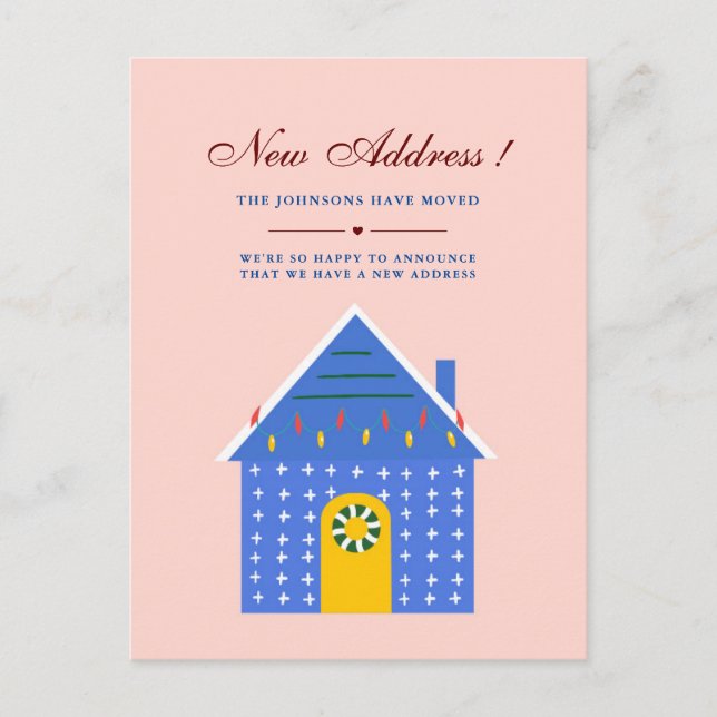 Simple Pink Blue House We Have Moved New Address Announcement Postcard (Front)