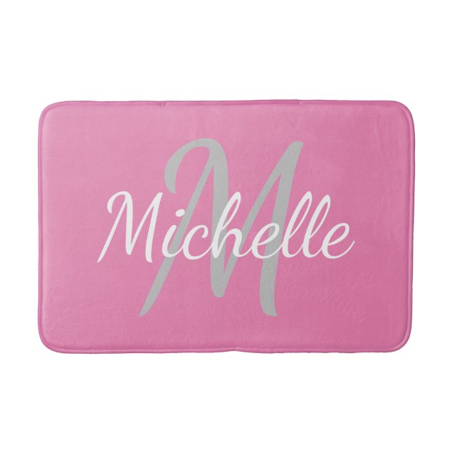 Simple pink Bold Typography & Name Monogram Bath Mat (Front)