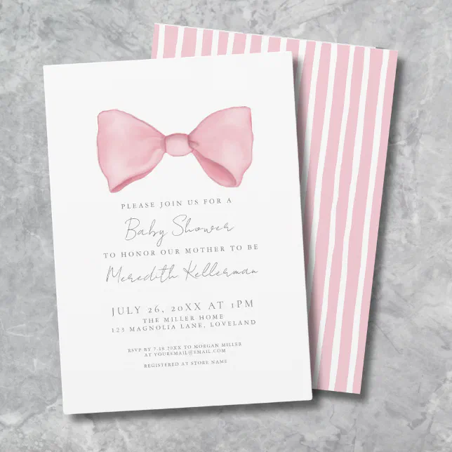 Simple Pink Bow Baby Shower Invitation | Zazzle