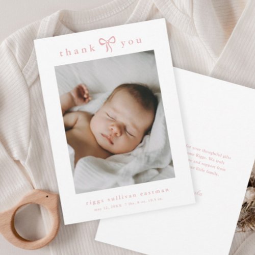 Simple Pink Bow Girl Baby Photo Thank You Card