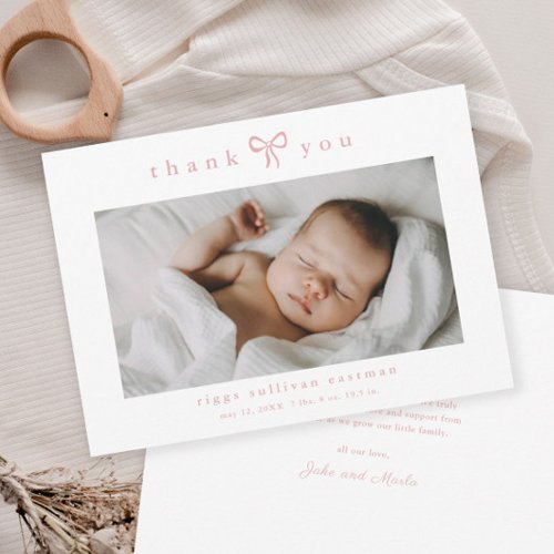 Simple Pink Bow Girl Baby Photo Thank You Card