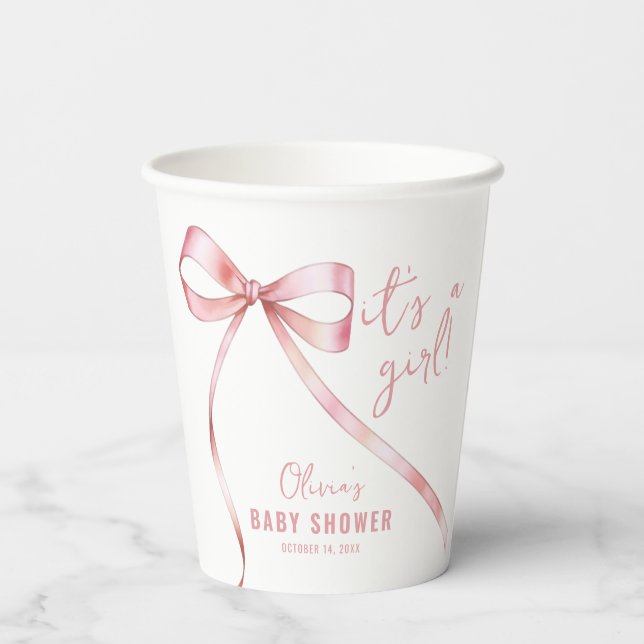 Simple Pink Bow Girl Baby Shower Paper Cups (Back)