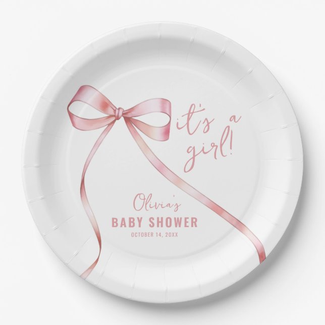 Simple Pink Bow Girl Baby Shower Paper Plates (Front)
