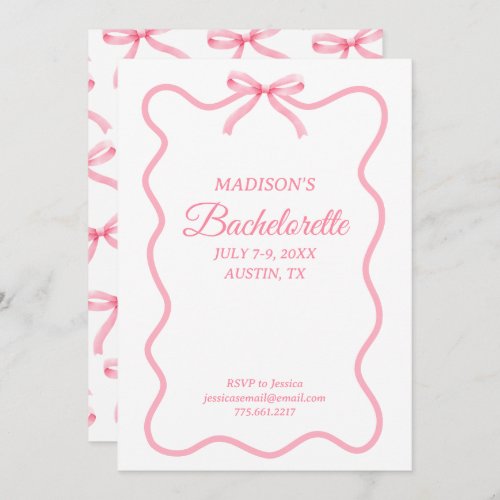 Simple Pink Bow Girly Bachelorette Party Invitation