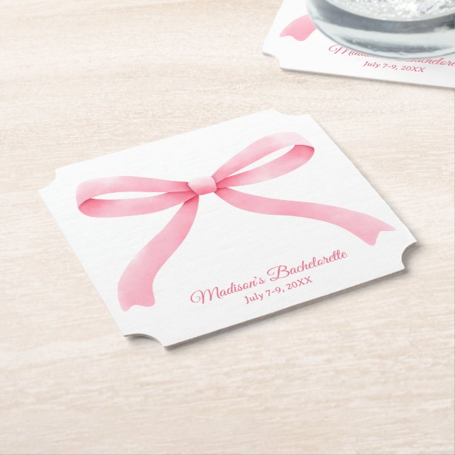 Simple Pink Bow Girly Bachelorette Party  Paper Coaster (Angled)
